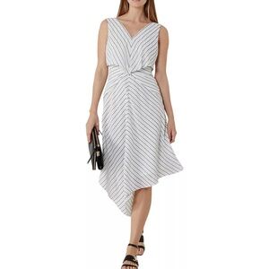 Designer REISS Rhoni dress size 0 midi handkerchief hem white Black Stripe
